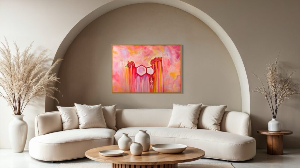Chemical Bloom original painting by Aino Katzir, shown in a living room