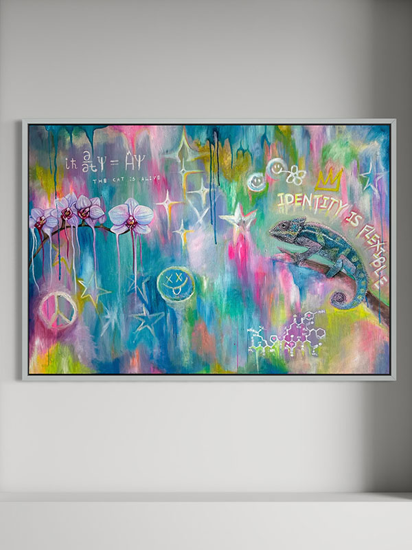 Identity Is Flexible original painting by Aino Katzir, featuring a colorful chameleon, orchids, symbolic equations, playful marks, and the words 'THE CAT IS ALIVE'