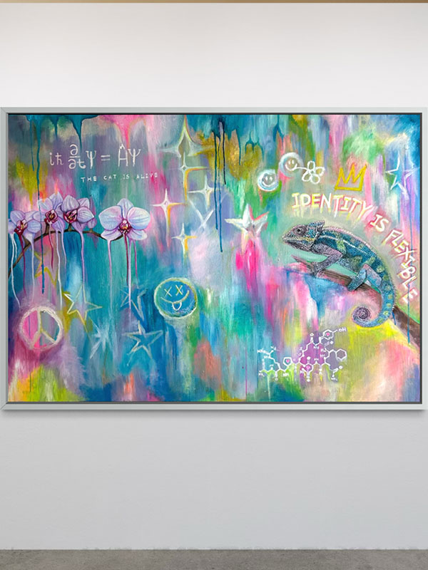 Identity Is Flexible original painting by Aino Katzir, featuring a colorful chameleon, orchids, symbolic equations, playful marks, and the words “THE CAT IS ALIVE.”