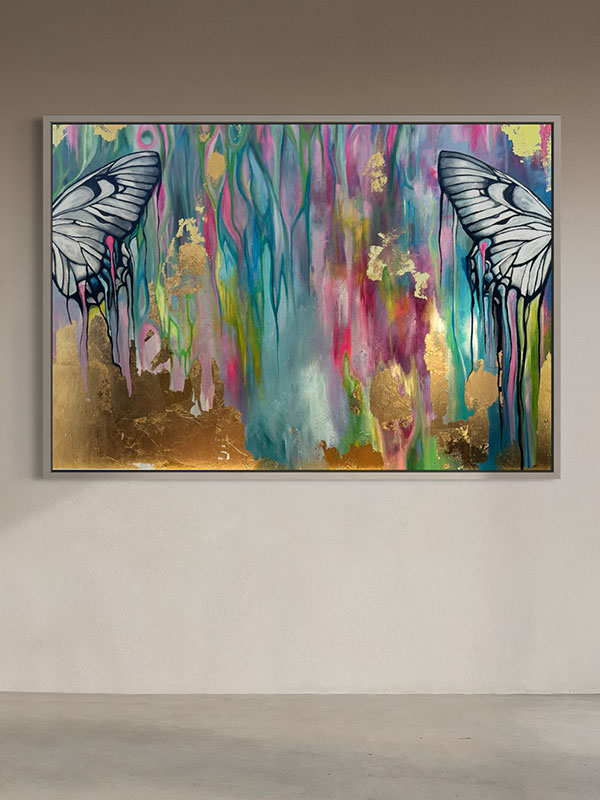The Shape of What Never Was original painting by Aino Katzir, featuring two monochrome wings within a vibrant abstract field of turquoise, pink, green, blue, and gold leaf