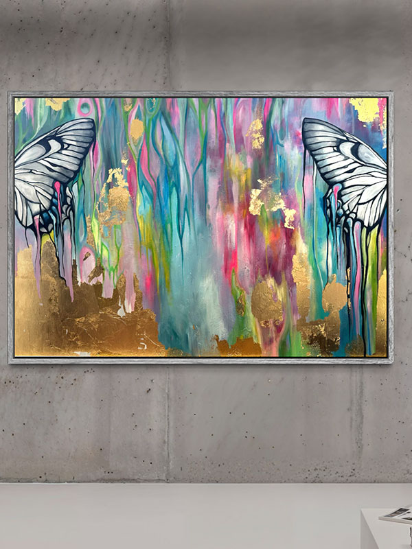 Large contemporary artwork The Shape of What Never Was by Aino Katzir displayed on a concrete wall in a modern interior.