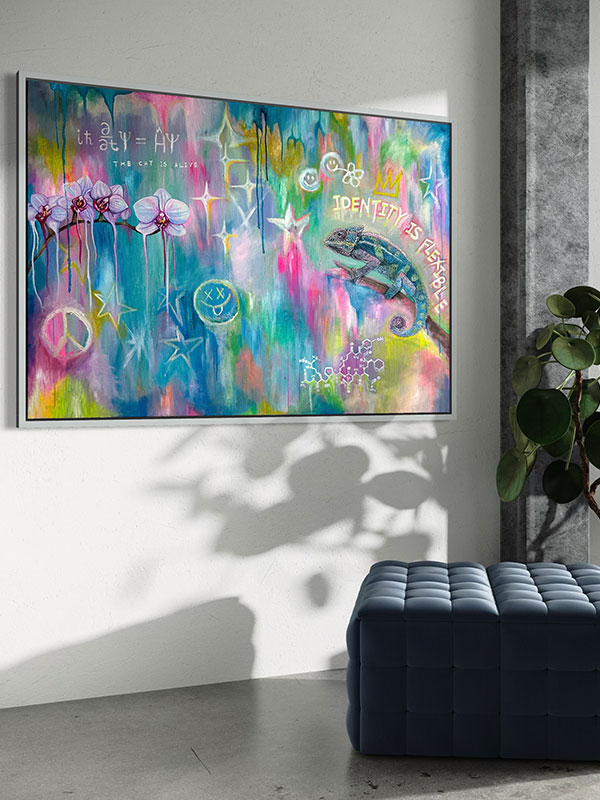 Identity Is Flexible original painting by Aino Katzir, featuring a colorful chameleon, orchids, symbolic equations, playful marks, and the words 'THE CAT IS ALIVE'